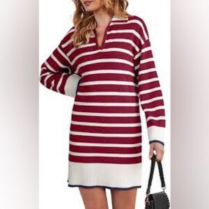 Dokotoo Sweater Dress Polo V Neck Striped Preppy Nautical Rugby Style Academia